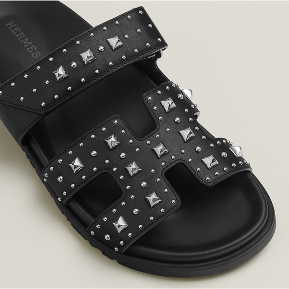 Hermes Chypre Sandal Black Studded Stud Punk Rock H Logo Strap Slide Flat 39 - Picture 8 of 16
